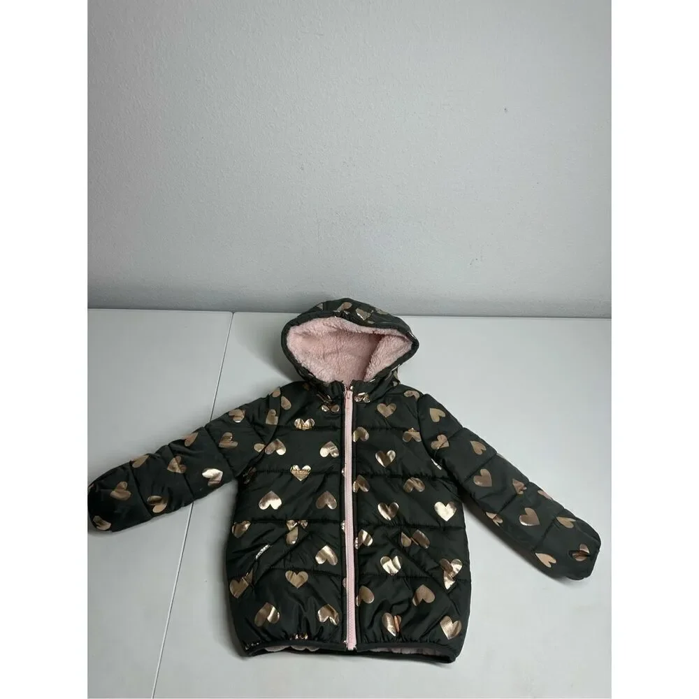 Carter's Puffer Coat Gold Hearts Print Size 4T Brown Pink See Description